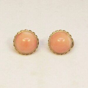 14Kt Yellow Gold and Angel Skin Coral Cabachon Earrings from the 1940s